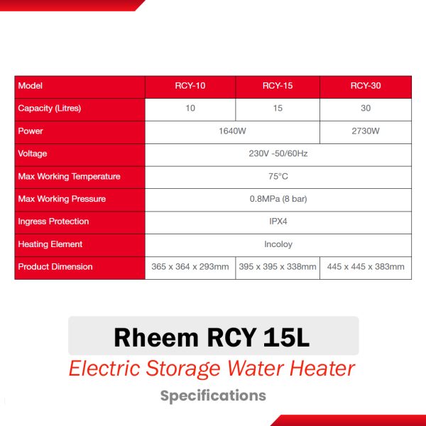 Rheem RCY 15L Electric Storage Water Heater Specifications