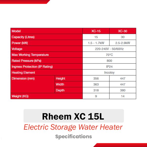 Rheem XC 15L Electric Storage Water Heater Specifications