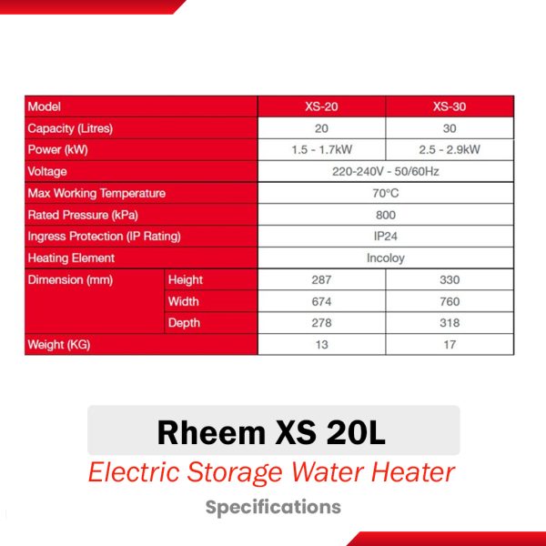 Rheem XS 20L Slim Classic Plus Electric Storage Water Heater Specifications